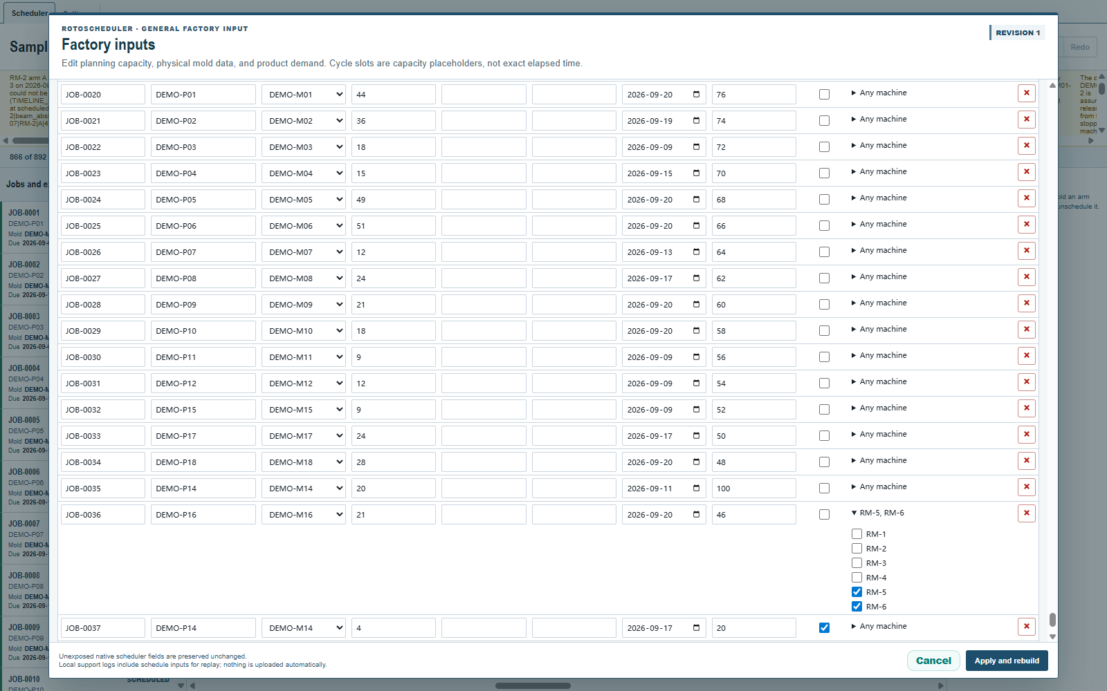 JOB-0036 with RM-5 and RM-6 ticked; the disclosure reads RM-5, RM-6.