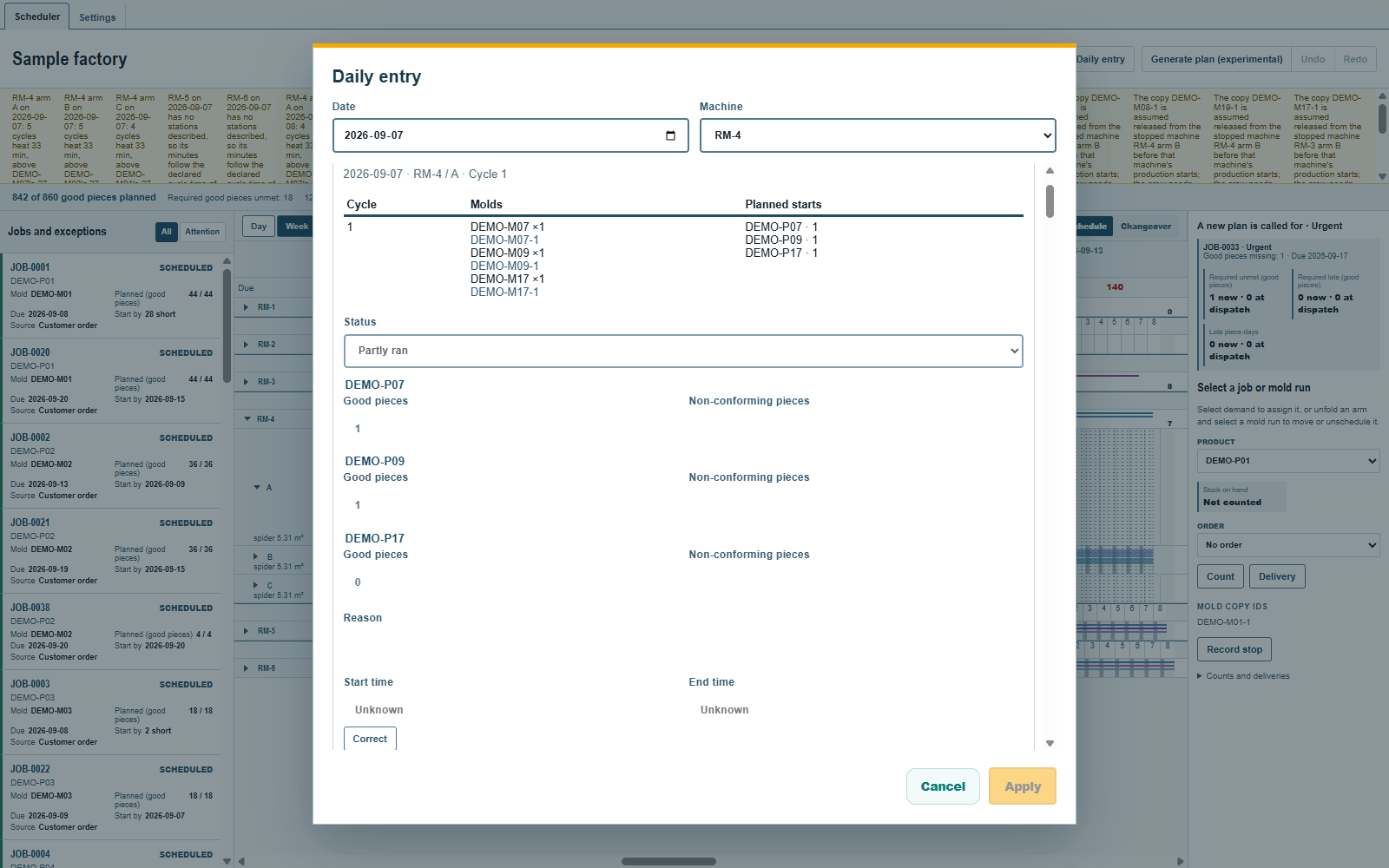 A reported cycle in the daily entry shows Partly ran and its Correct button.