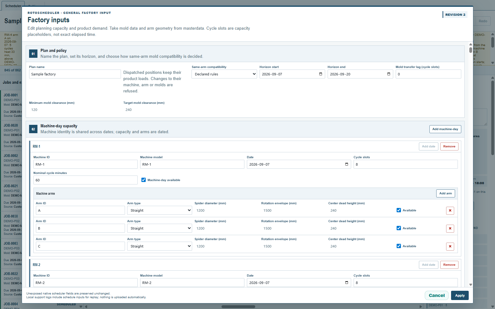 Factory inputs en un plan despachado: se conserva el plan actual y se rechazan los cambios al trabajo protegido.