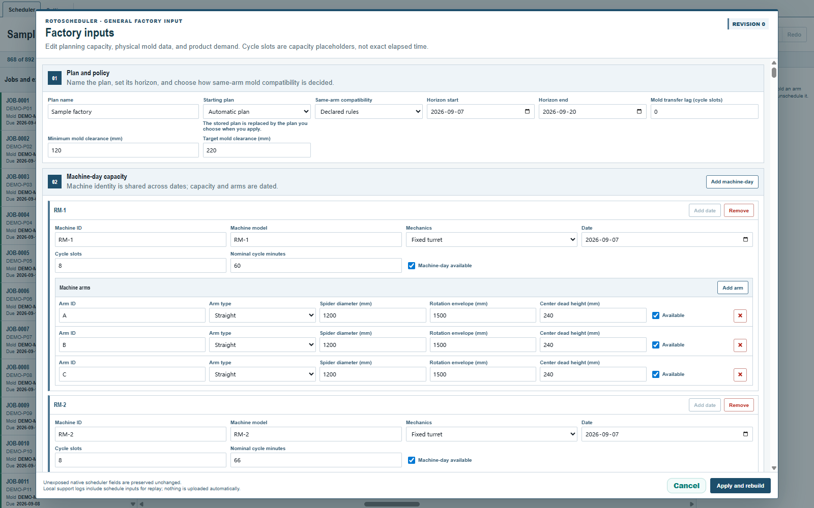 Factory inputs: the plan runs from September 7 to 20. RM-1 on September 7 has 8 cycle slots, 60 nominal cycle minutes and three available arms.