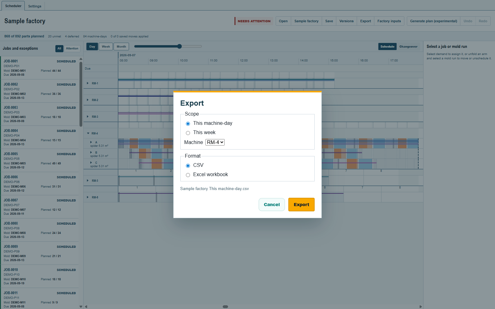 Export set to This machine-day, RM-4 on September 7, in CSV format.