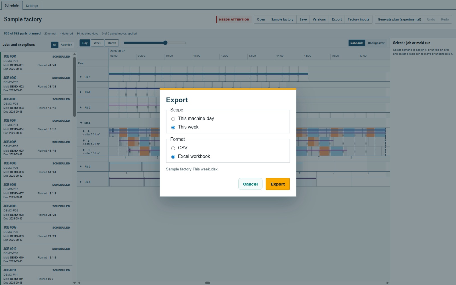 This week and Excel workbook are selected. Behind the dialog, the board is at September 7 in Day.