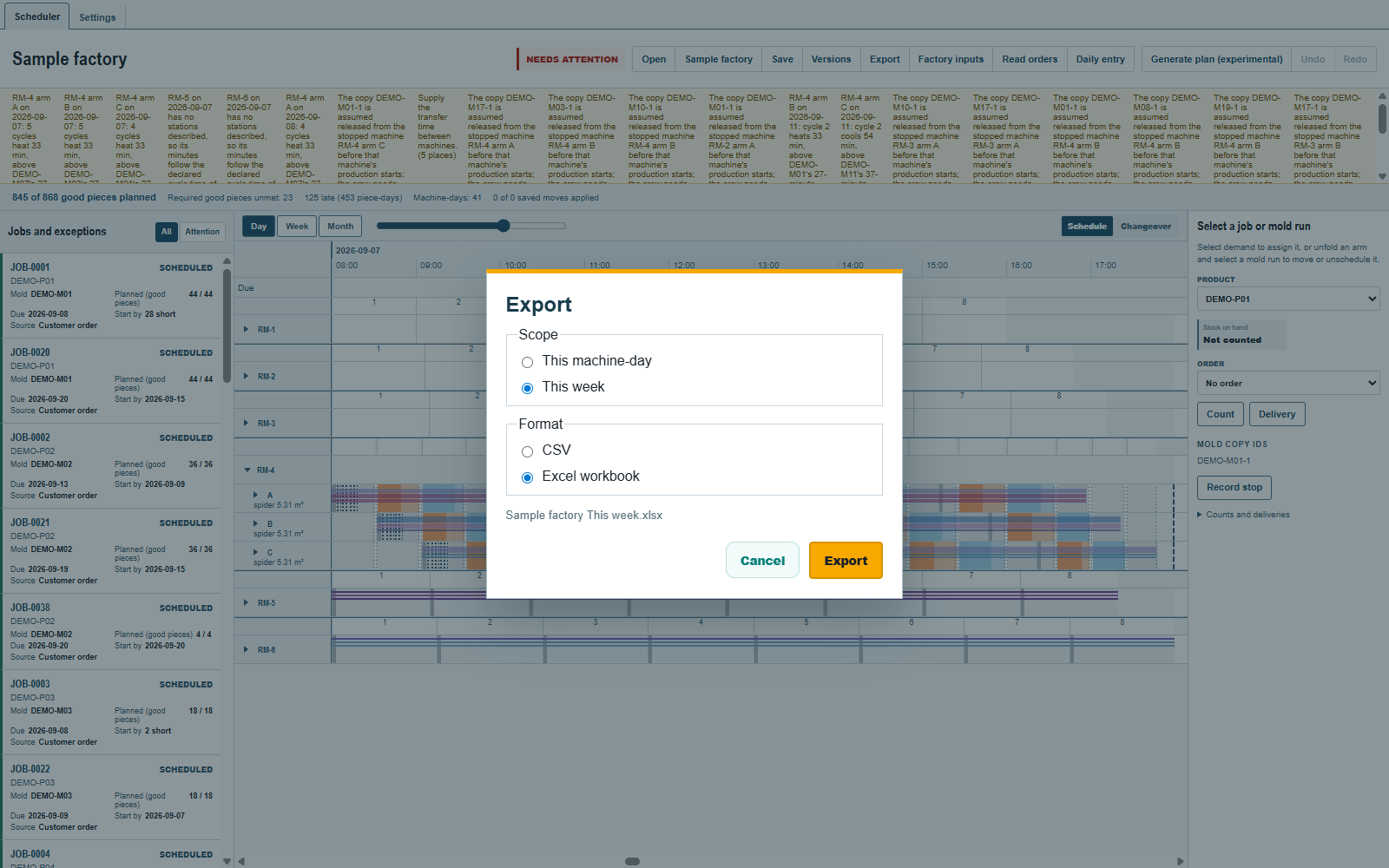 This week et Excel workbook sont sélectionnés. Derrière la boîte de dialogue, le tableau est au 7 septembre en Day.