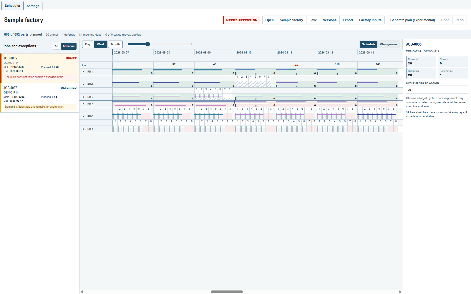 Attention leaves JOB-0035 and JOB-0037. JOB-0035 is selected; its inspector shows 20 required, 0 planned and 20 remaining.