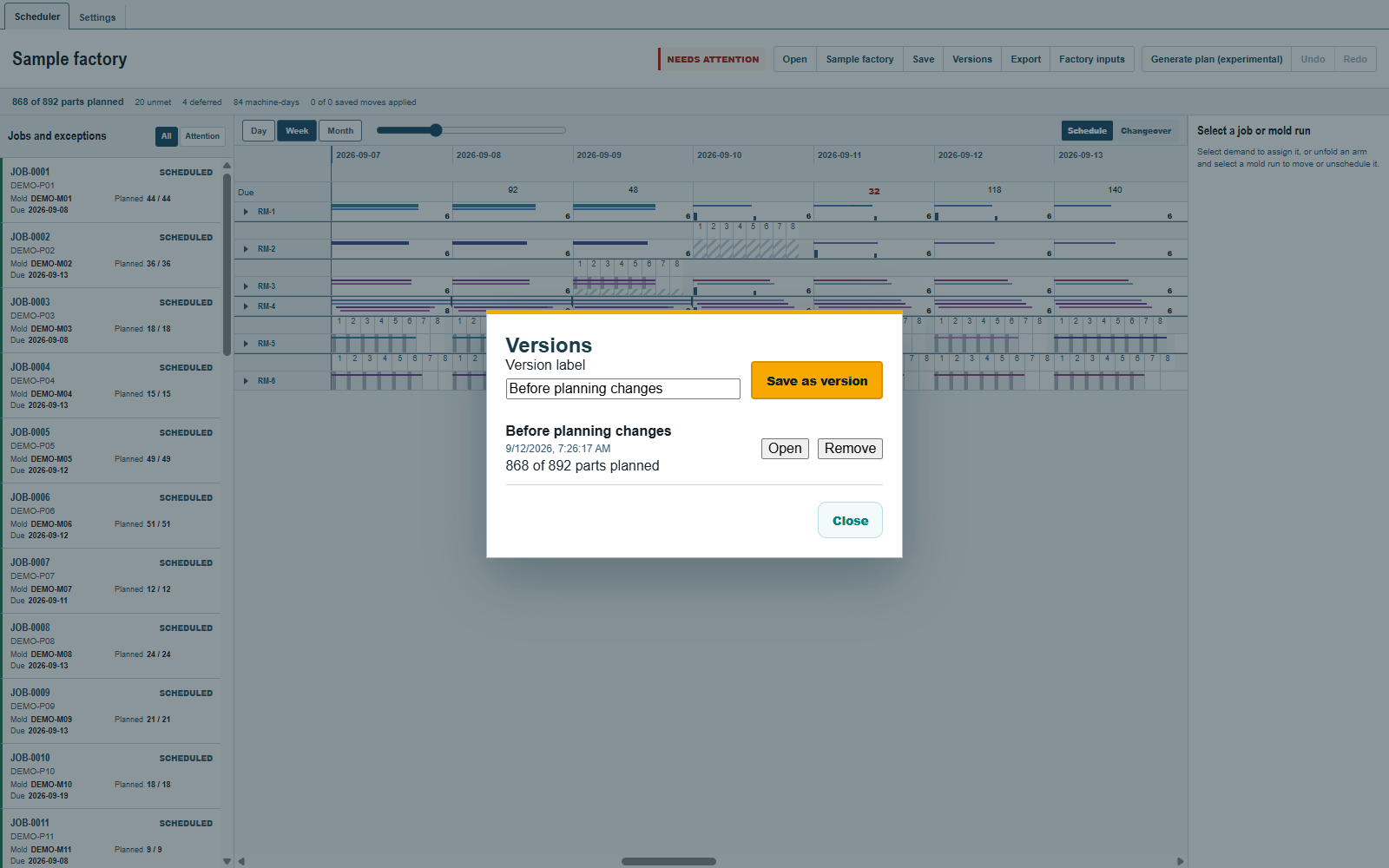 Versions lists Before planning changes, its saved time and 868 of 892 parts planned.