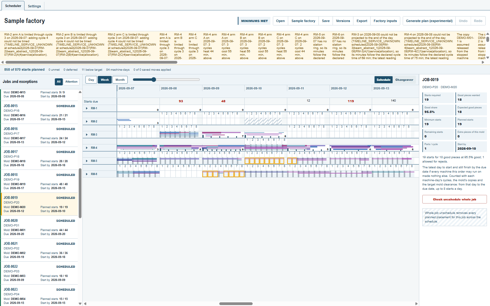 JOB-0019 selected: 19 starts required, a good share of 95.5% and 18 expected good pieces.