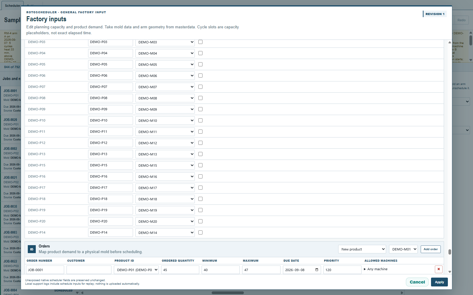 Factory inputs, la tabla Orders: JOB-0001 con Ordered quantity 45, Minimum 40 y Maximum 47.