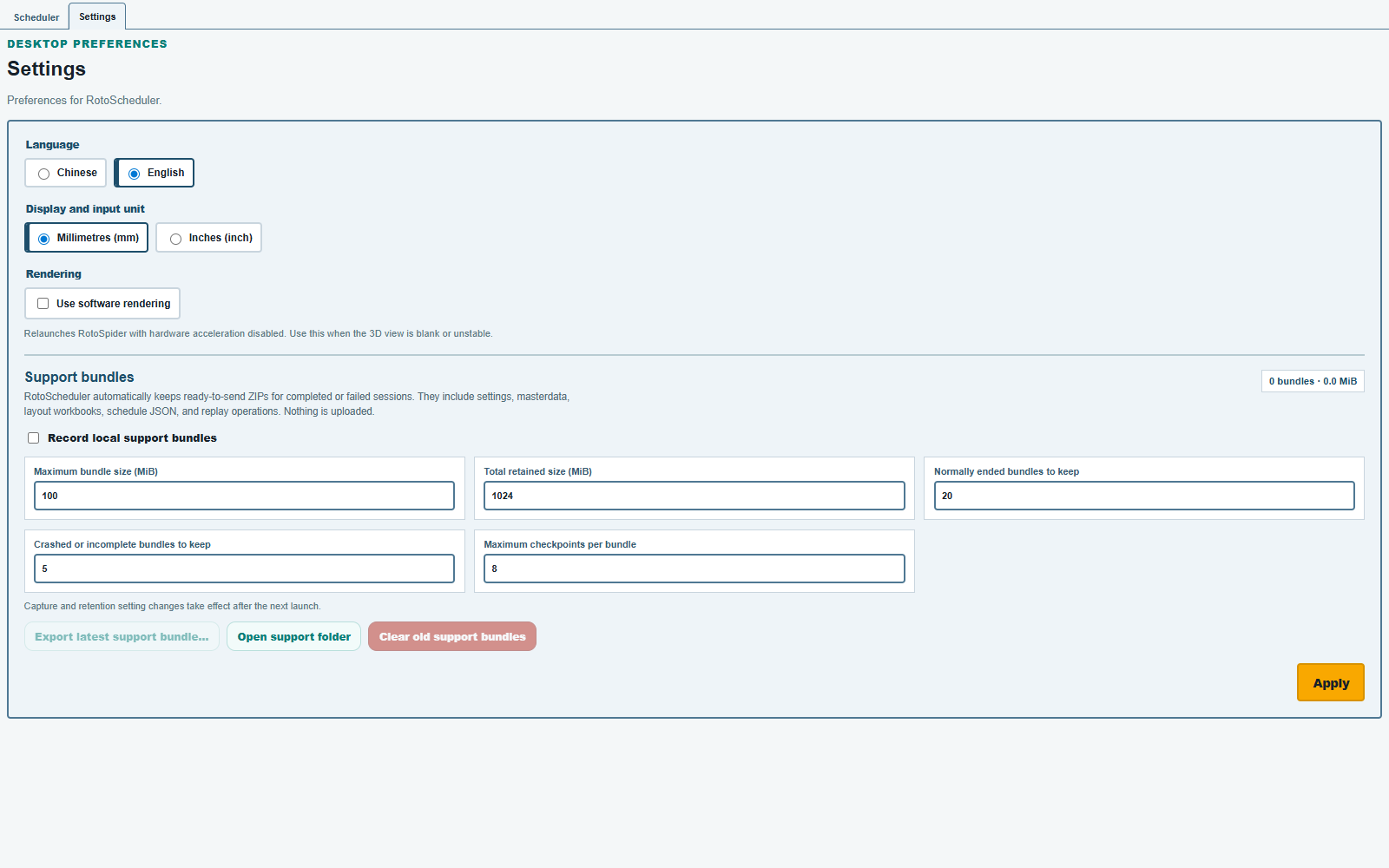 Settings with English and Millimetres (mm) selected. Local support recording is off, and no bundles are stored.