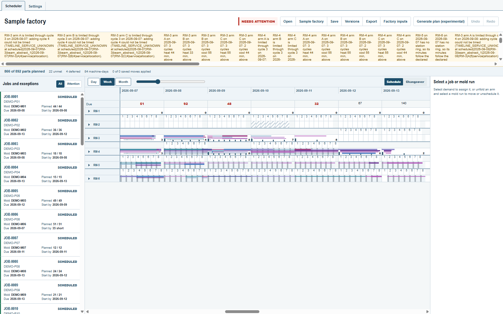 Job cards with their Start by row: JOB-0001 reads 2026-09-08, JOB-0006 reads 35 short.