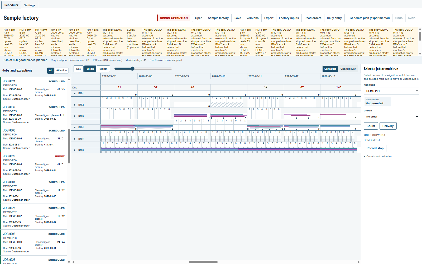 Les rangées Start by montrent JOB-0006 avec 43 pièces manquantes, entre JOB-0039 et JOB-0025 avec leurs dates.