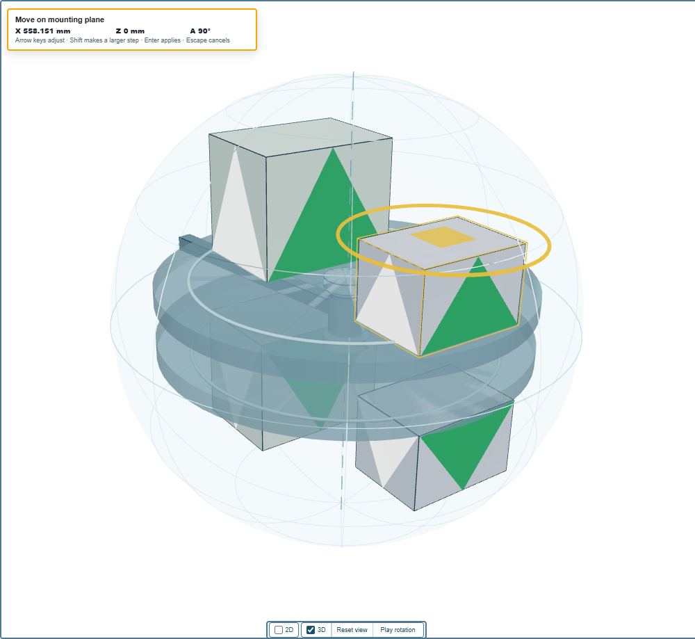 A selected mold in the scene: the square move handle, the yellow ring, and the position panel