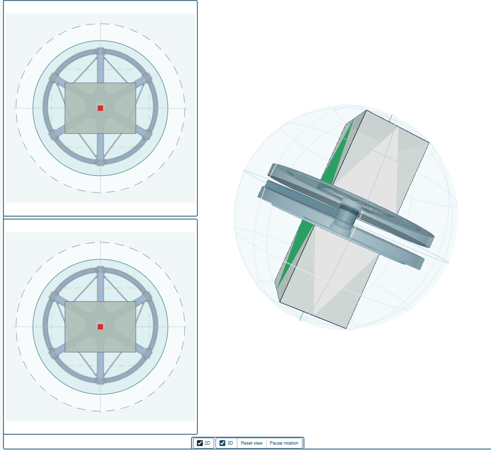 The plan views of the upper and lower spider beside the 3D scene