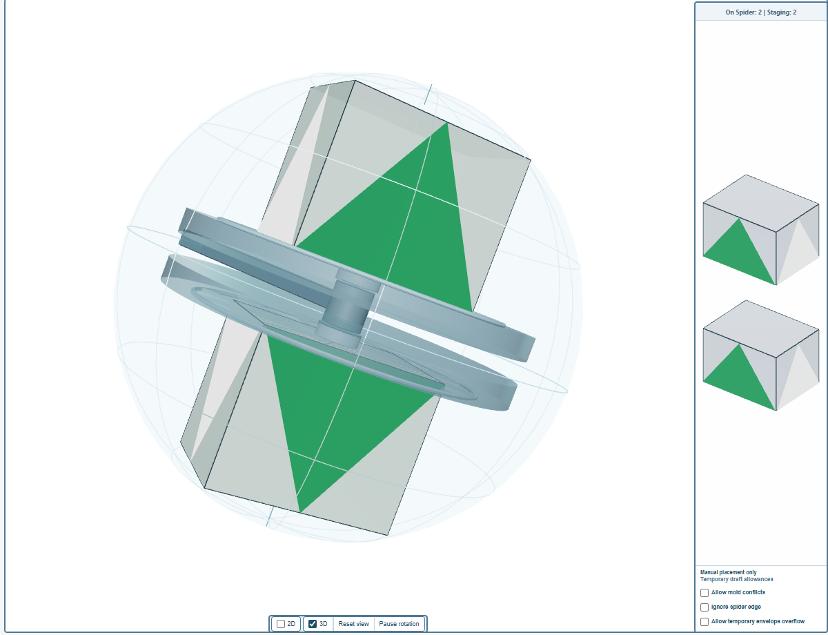 A partial layout on the small machine: two molds on the spiders, two waiting