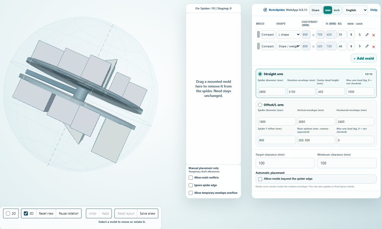 The web app: the scene, the staging column and the input rail with the Share button
