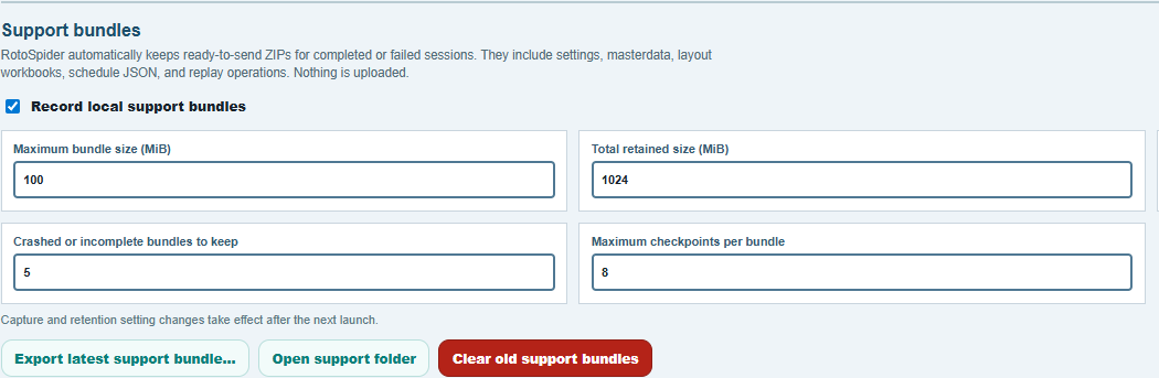 The Support bundles section of the Settings tab