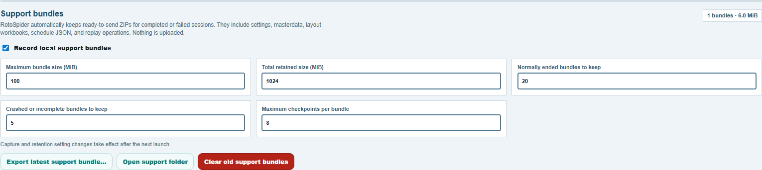 A seção Support bundles da aba Settings