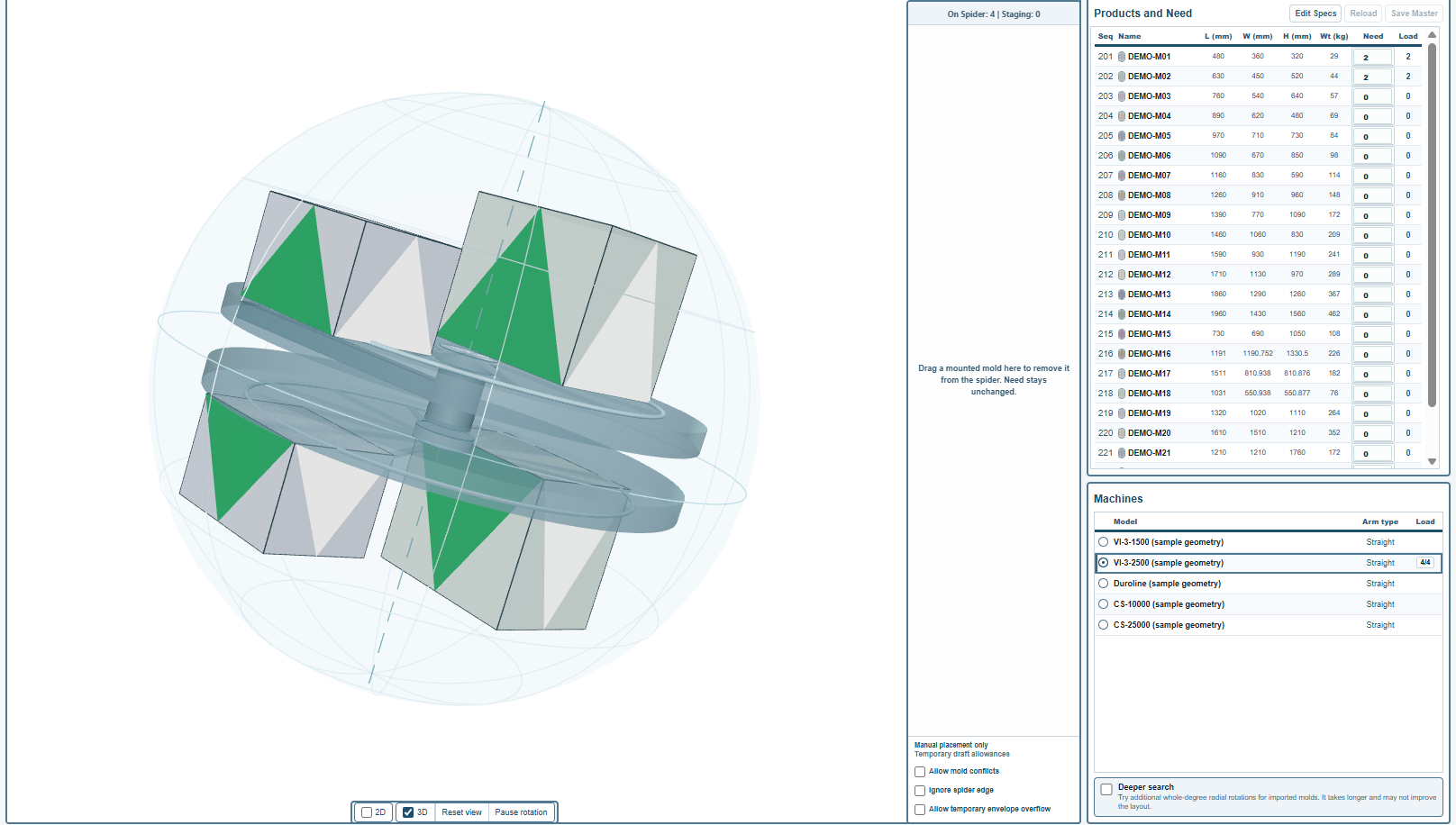 The desktop app with a layout on the VI-3-2500 sample machine: the 3D scene, the staging area, the mold table and the machine list