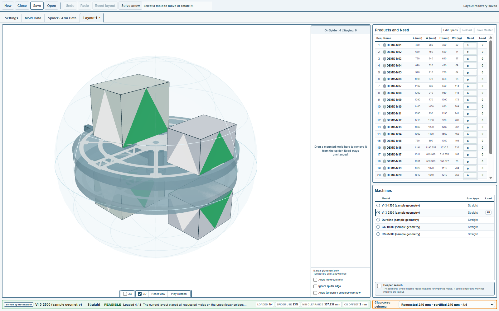 The desktop app with a layout on the VI-3-2500 sample machine: the 3D scene, the staging area, the mold table and the machine list