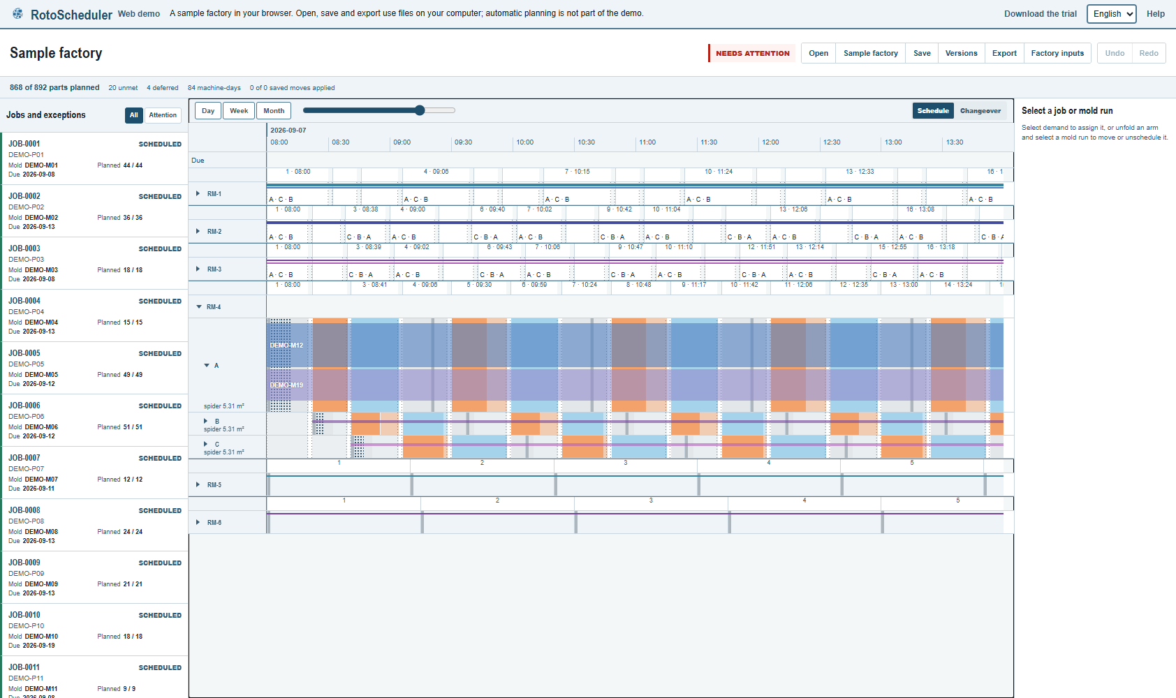 RotoScheduler web demo: six hours of one day on the sample factory, with the three arms of machine RM-4 showing their service, oven and cooler time